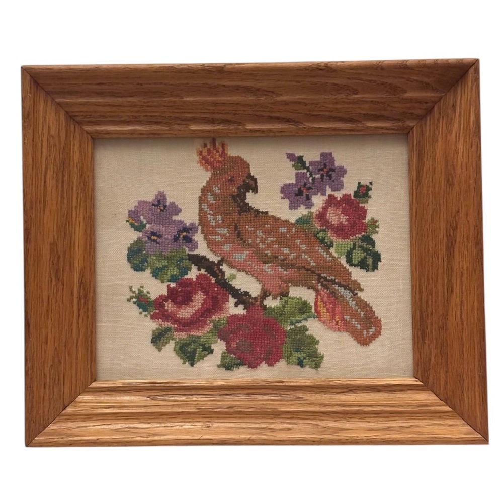 Vintage Framed Bird Cockatoo Cross Stitch Needlework Embroidery Art